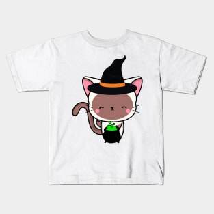 Cute white cat is a witch Kids T-Shirt